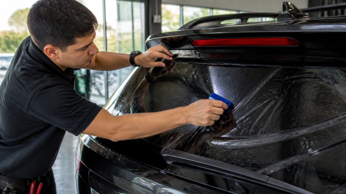 Professional technician applying ceramic window film to vehicle's rear window, showing careful alignment and smooth application technique with precision tools