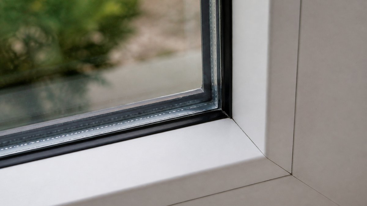 Close-up of a residential double-pane window with visible insulated glass unit and window frame, showing the seal area where film edge meets glass