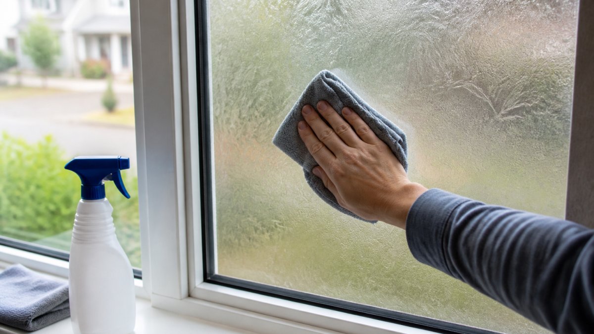 Close-up of hands using a microfiber cloth to gently wipe residential privacy film on a window, with a spray bottle of ammonia-free cleaner visible on the windowsill