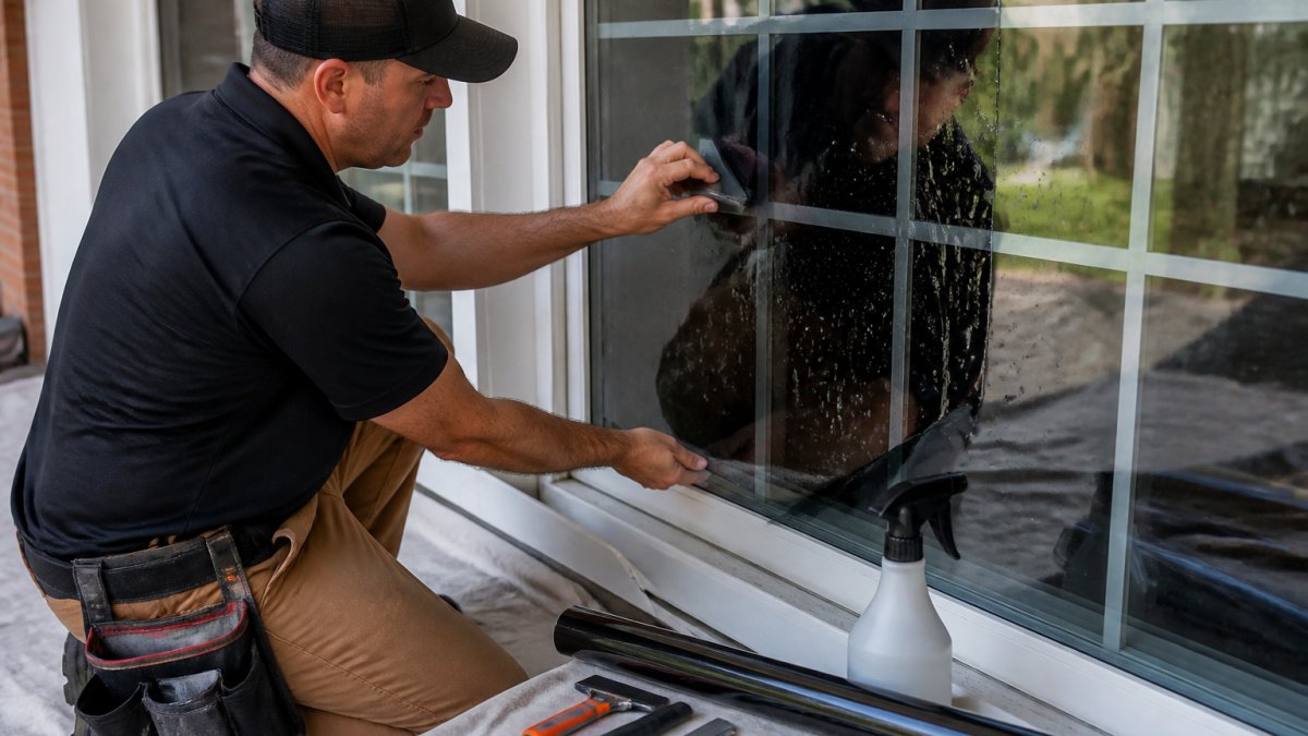 Close-up of a professional installer using a squeegee to press window film flat against a residential glass pane, spray bottle and trimming tools visible on a drop cloth below