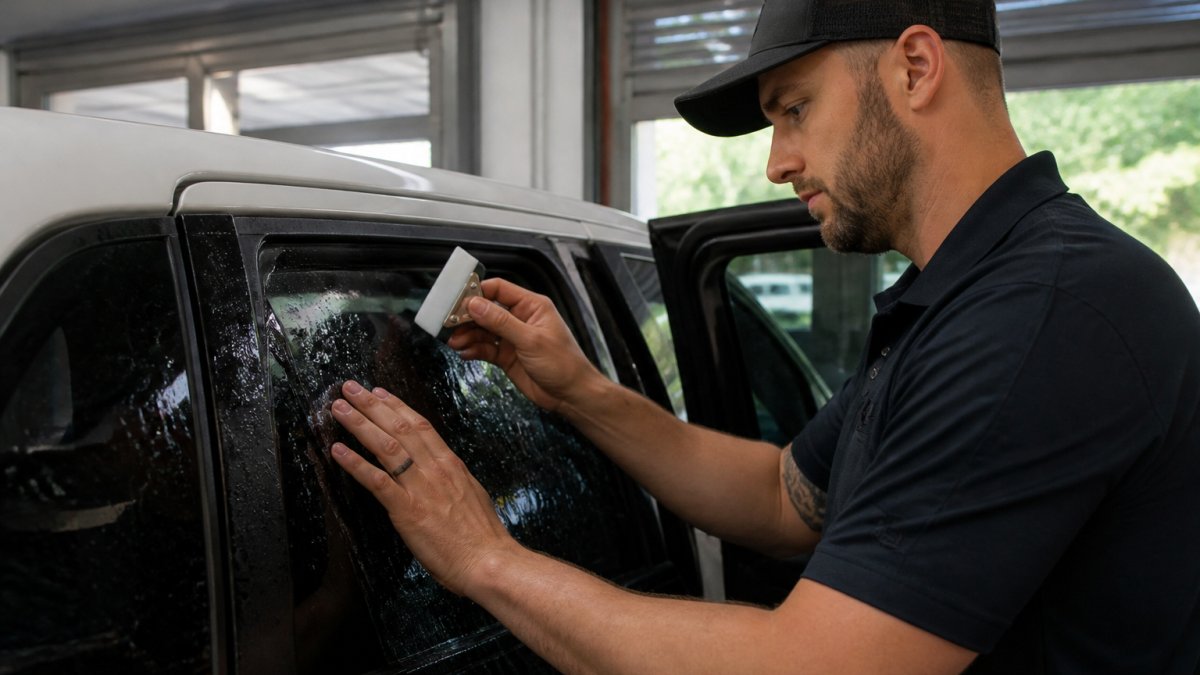 Technician applying ceramic window tint to a car door to ensure UV protection differences between car windows.